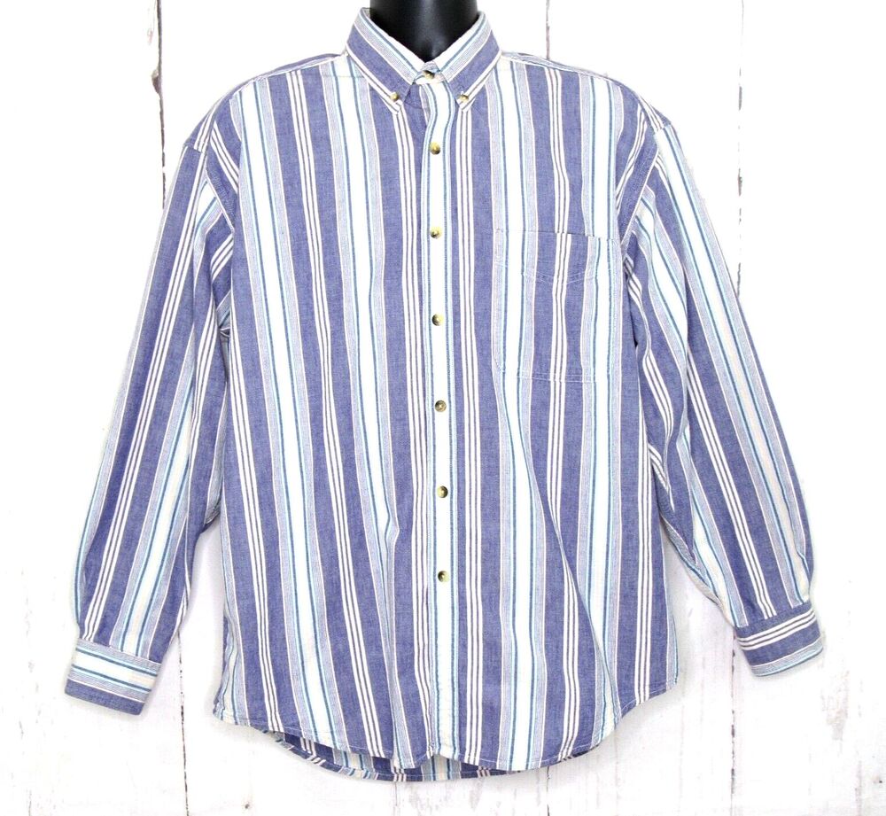 L.L. Bean Men's Button Up Shirt Long Sleeve Purple Striped Cotton Size Large Reg